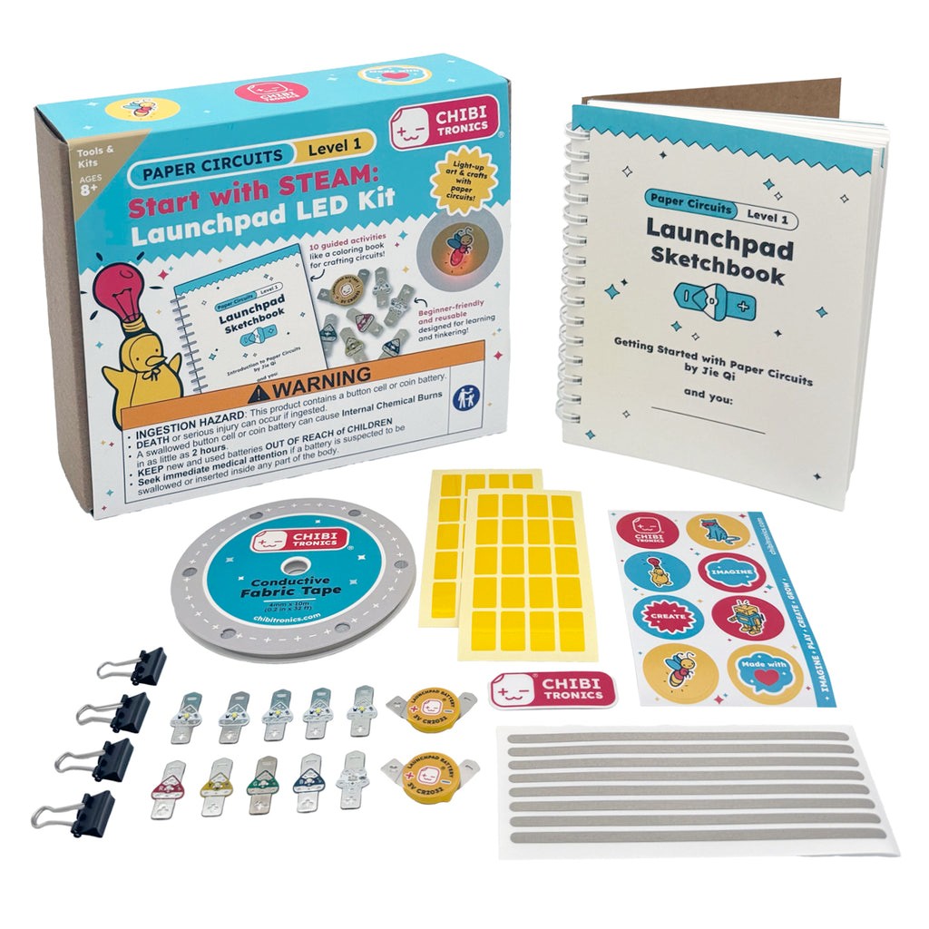 Chibi Tronics Paper Circuits Level 1 Launchpad LED Kit by Jie Qi, including sketchbook, conductive tape, LEDs, and batteries