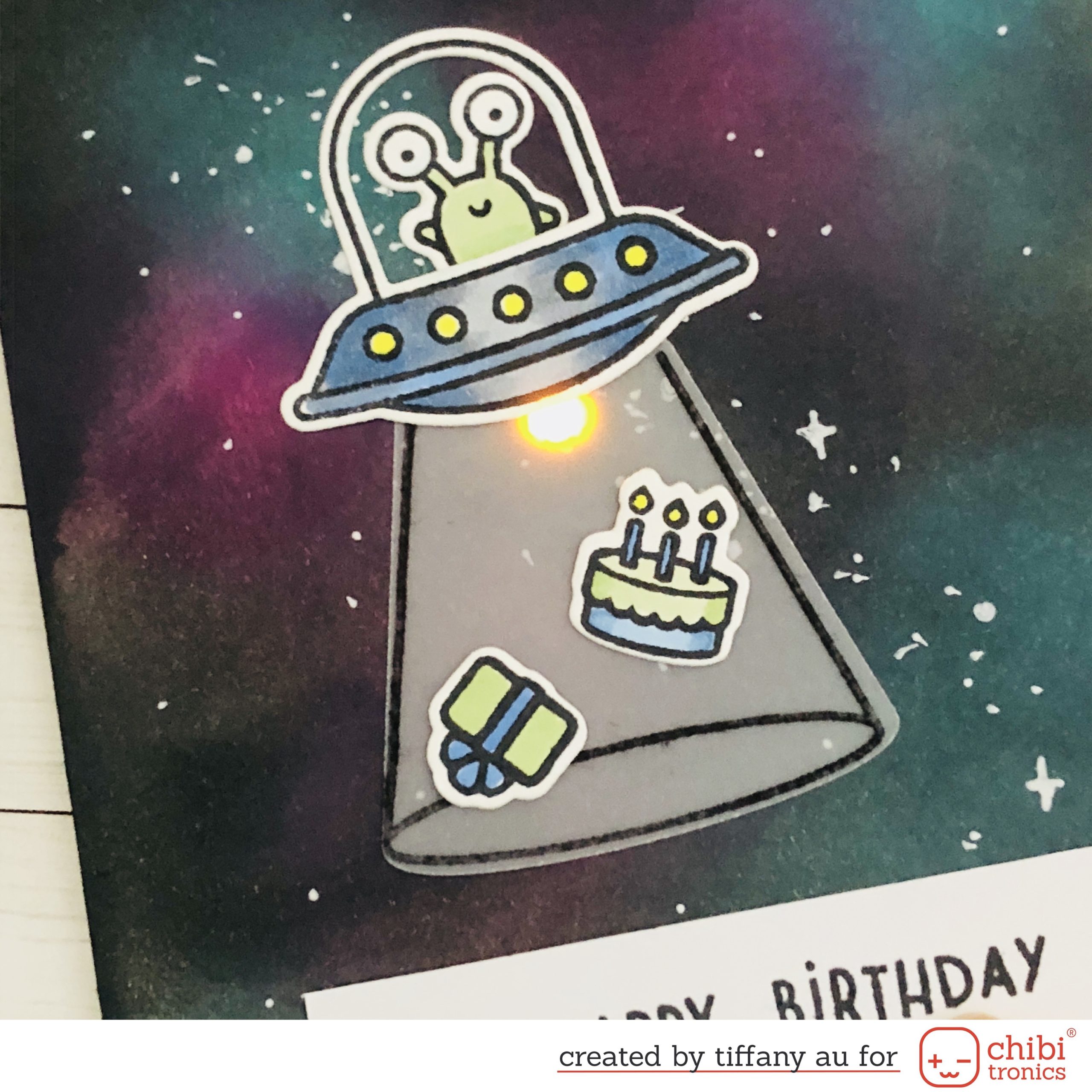 Beam Me Some Cake – Lighted Up Space Ship Card