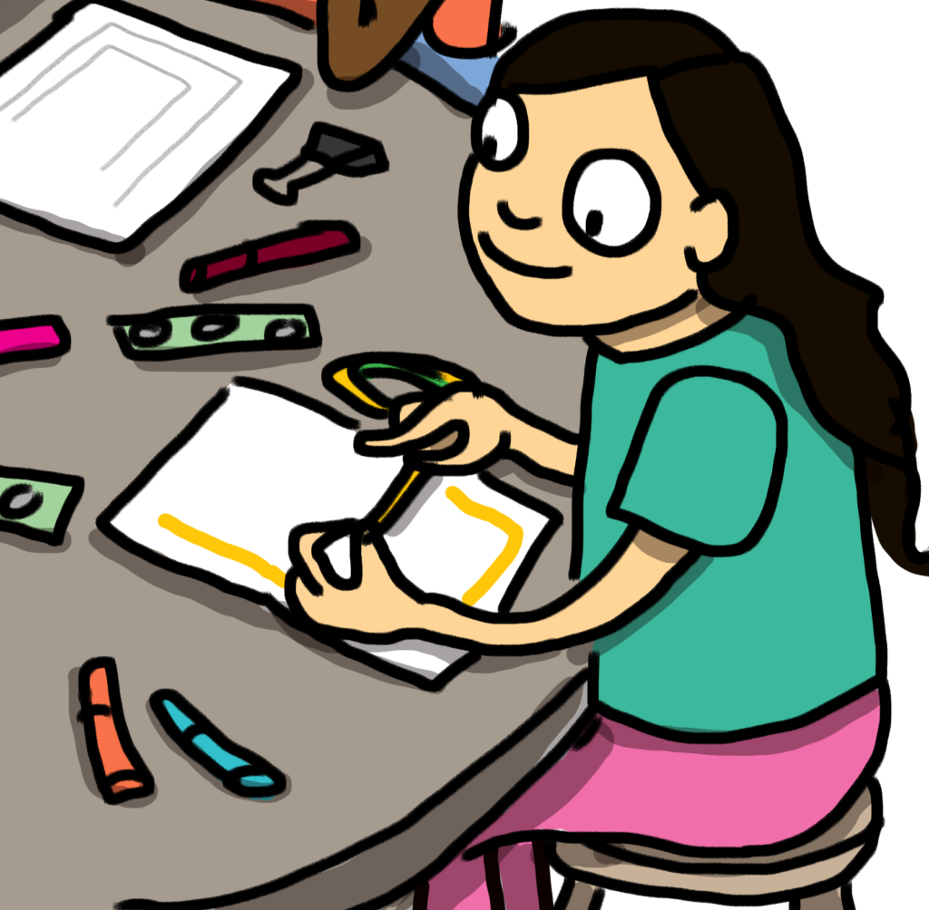 Illustration showing kid crew member Ami. Ami is sitting a a table working on a project in her Circuit Sticker Sketchbook.