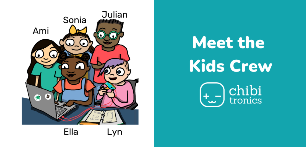 Illustration showing a group of 5 kids around a computer. The right side of the image has the text 'Meet the Kids Crew'