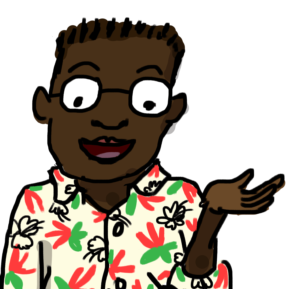 Close up illustration of a male teacher - Mr. JP. He is wearing black glasses and a floral shirt. 