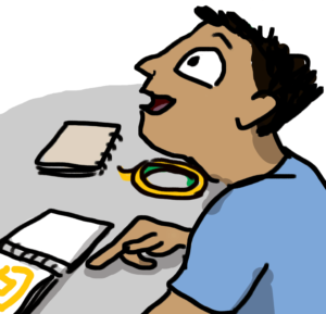Close up illustration of a male teacher - Mr. Singh. He is wearing a blue shirt and pointing at a Circuit Sticker Sketchbook.