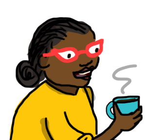 Close up illustration of a female teacher - Ms. Johnson. She is wearing red glasses and holding a cup of coffee