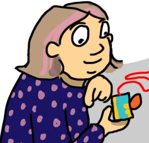 Close up illustration of a female teacher - Ms. O'Neal. She is wearing a purple shirt with pink dots and holding a Chibi Chip.