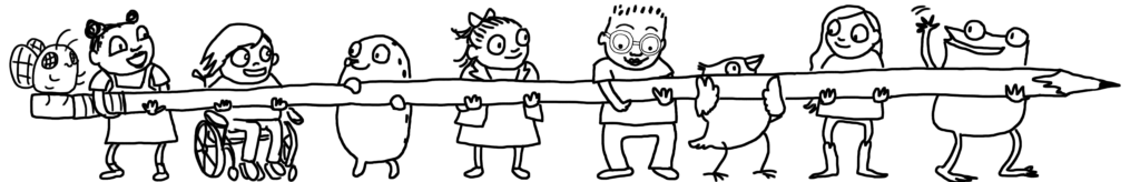 Black and white drawing showing Kids Crew members with Fern & friends holding up a large pencil together.