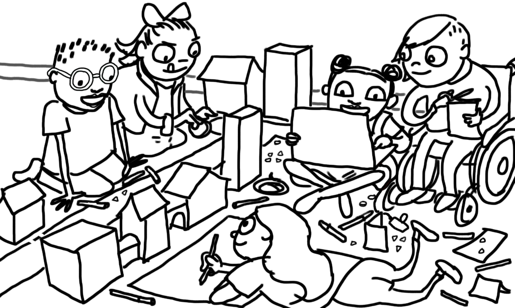 Black and white drawing showing 5 children building a large paper circuit project on the floor together.