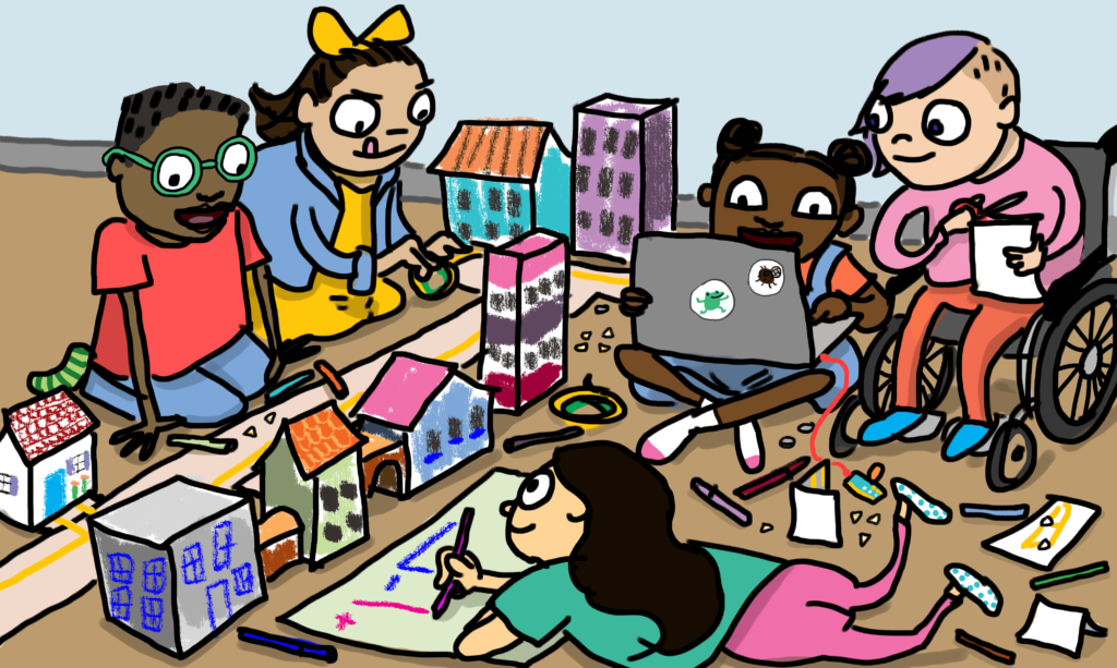 Illustration showing 5 children of diverse background building a large paper circuit project on the floor together.