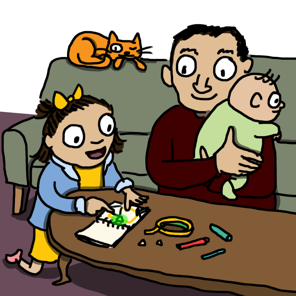 Illustration showing kid crew member Sonia with her father and baby brother. Sonia is demonstrating something to her father. There is a cat in the background on the couch.