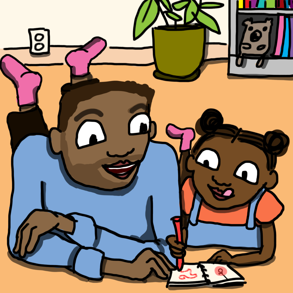 Illustration showing kid crew member Ella with her father. They are laying on the floor while Ella shows her father something in her Circuit Sticker Sketchbook.