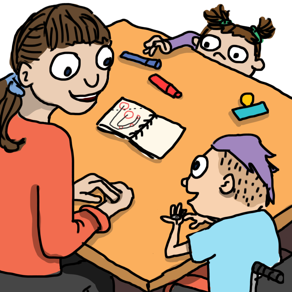 Illustration showing kid crew member Lyn with their mother and little sister. Lyn and their mother are working at a table while their little sister peers over the edge reaching for a crayon.