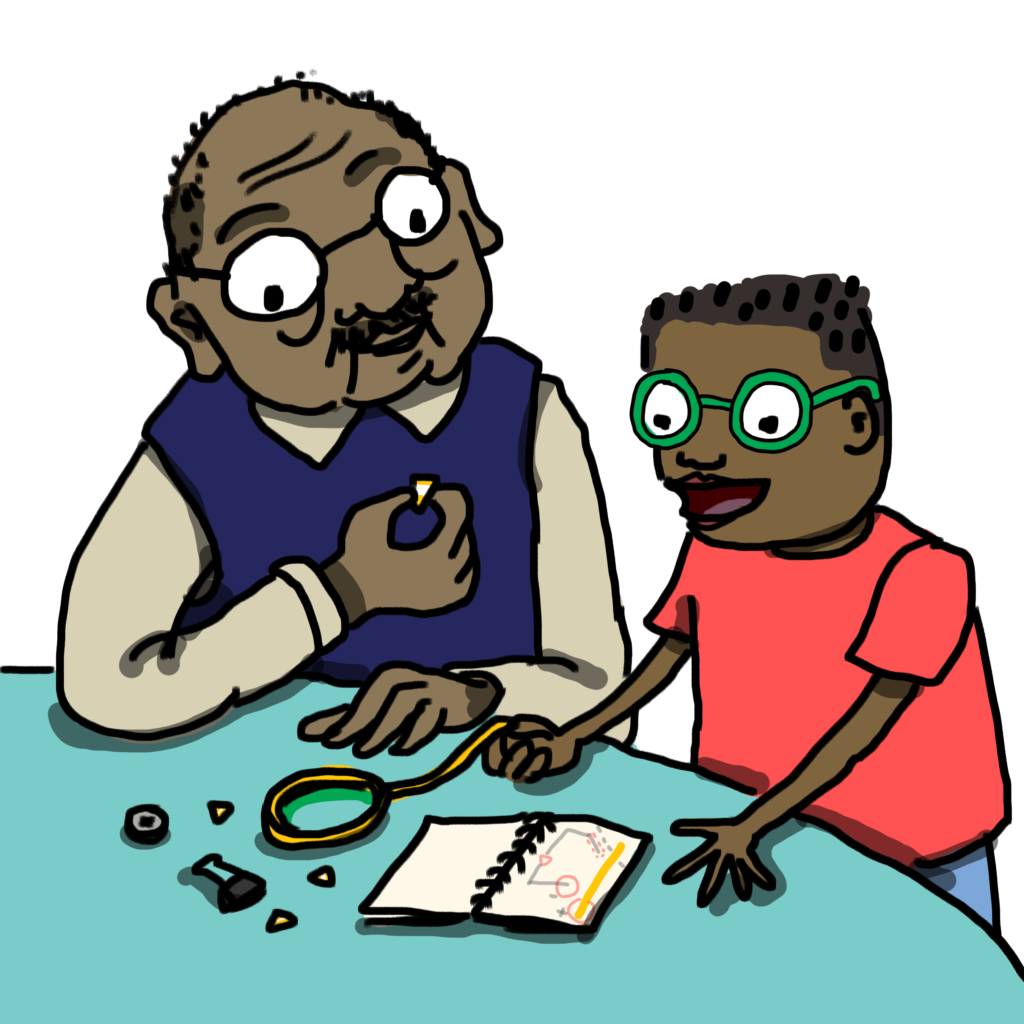 Illustration showing kid crew member Julian with his grandfather. They are standing by a table working on a project in the Circuit Sticker Sketchbook.