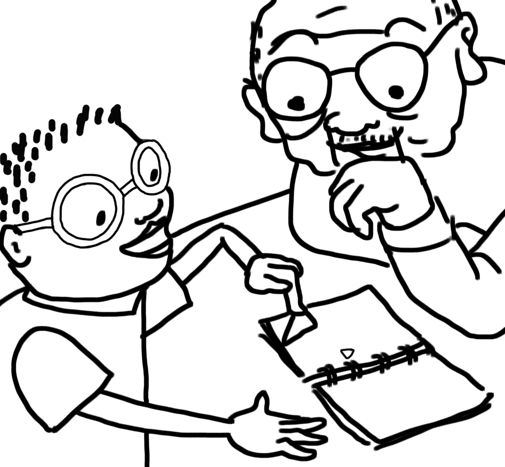 Black and white drawing showing Julian working on a project with his grandfather.