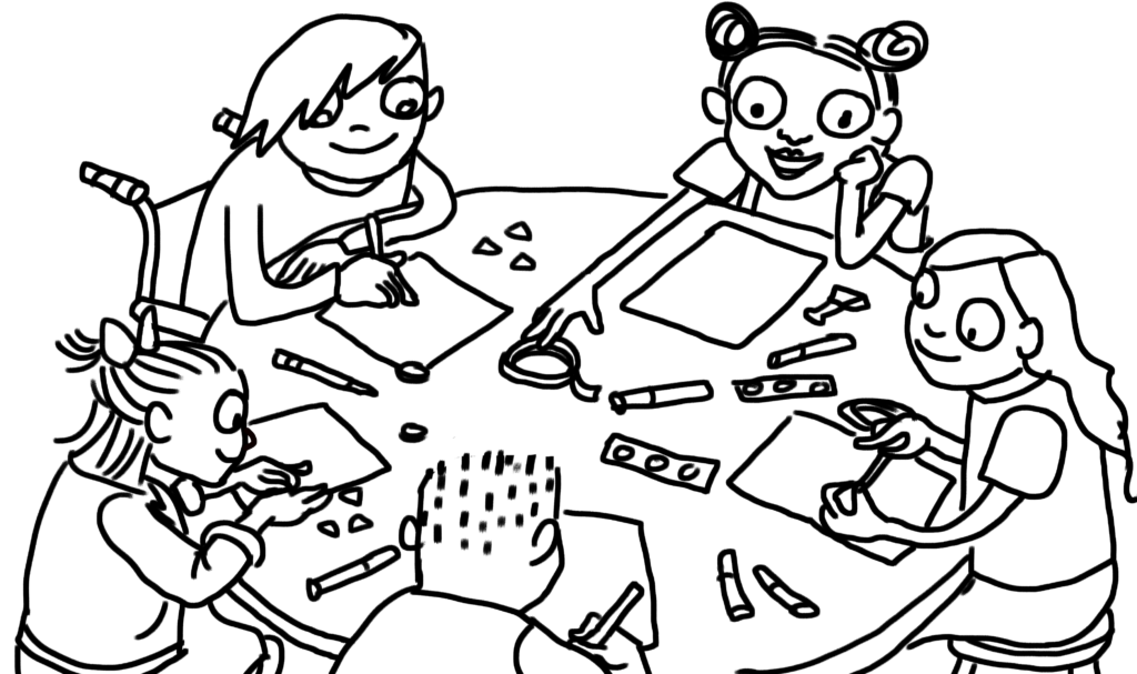 Black and while drawing of a diverse group of 5 children working on paper circuits around a table.