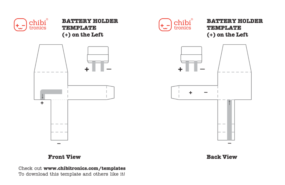 Circuit Diagram for the original version, made for the Chibitronics Accordion Book, has the positive lead on the left side.