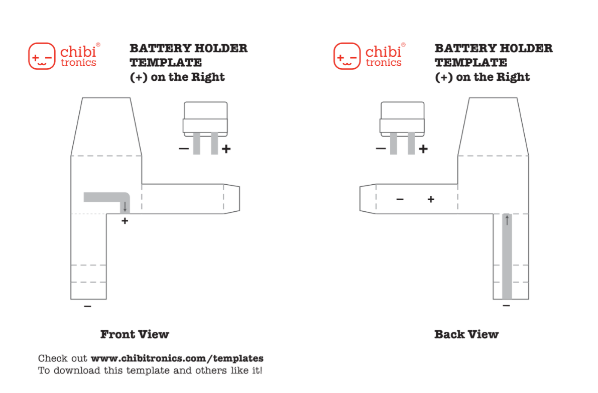 Circuit Diagram for the adapted version, made for the Chibitronics Accordion Book, has the positive lead on the right side.