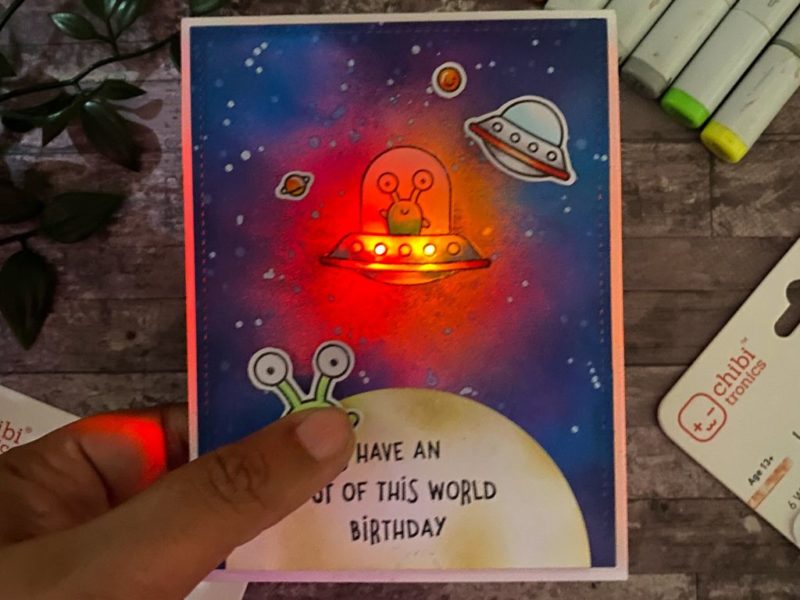 Light-up Space Theme card with LED Stickers & Lawn Fawn Stamps