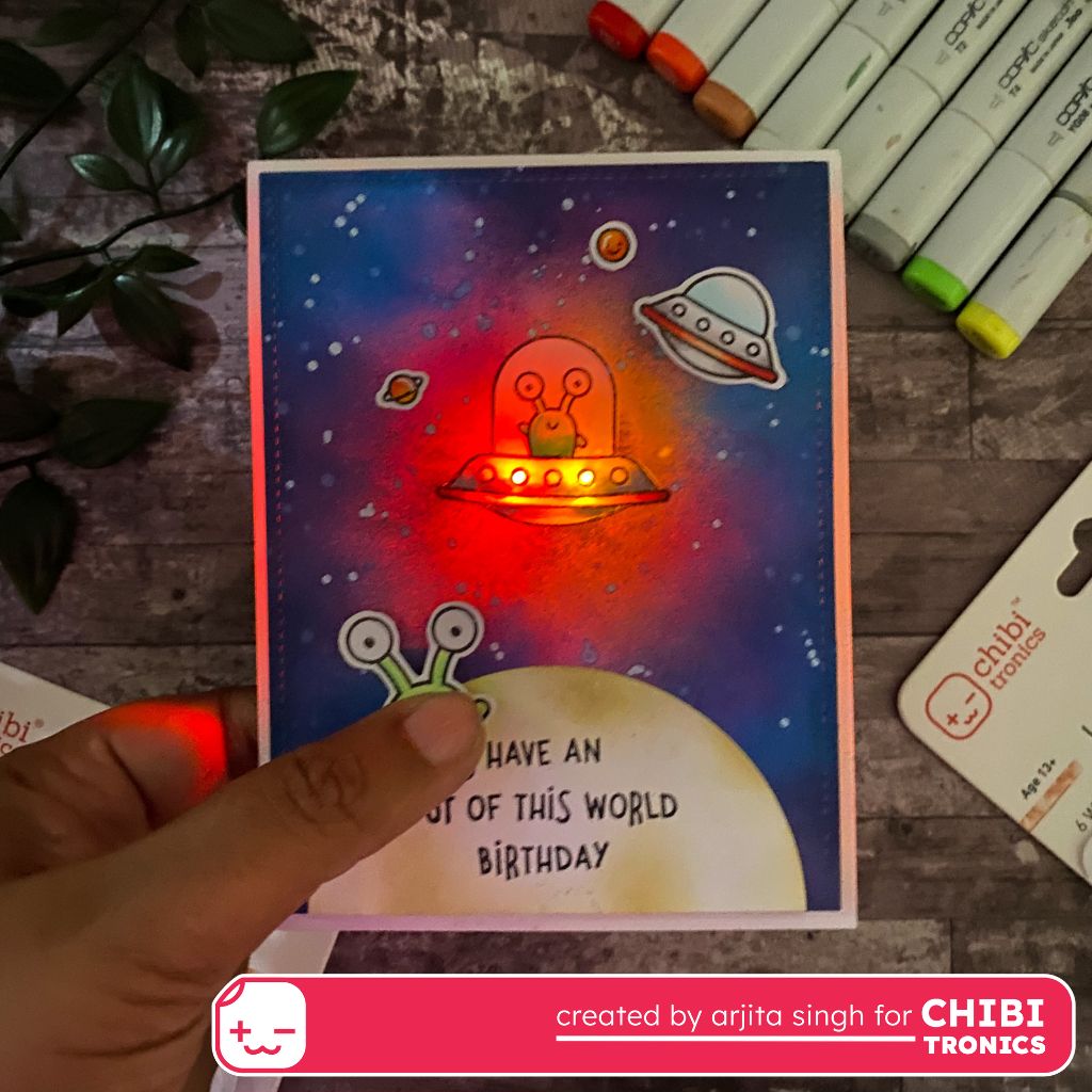 Light-up Space Theme card with LED Stickers & Lawn Fawn Stamps