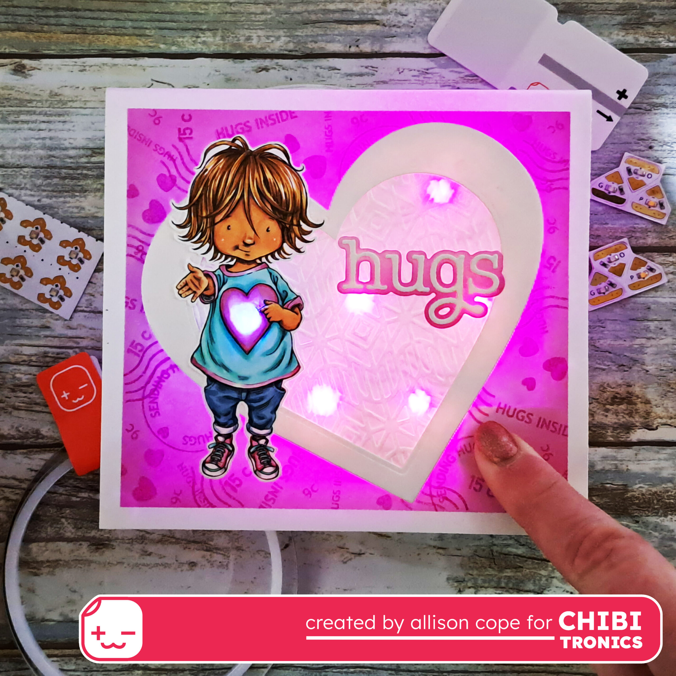 Glowing Hearts Card Featuring the Animating Rainbow Fade & Pink LED Light Stickers