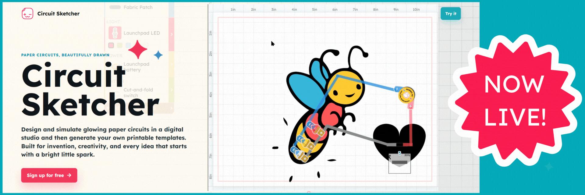 Circuit Sketcher is now live. The digital studio shows a glowing firefly paper circuit design.