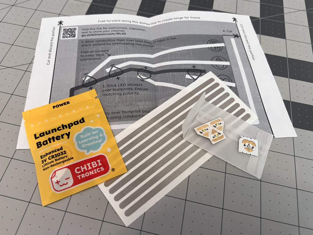 Launchpad battery, four LED stickers, conductive tape strips, and the ML40 circuit template